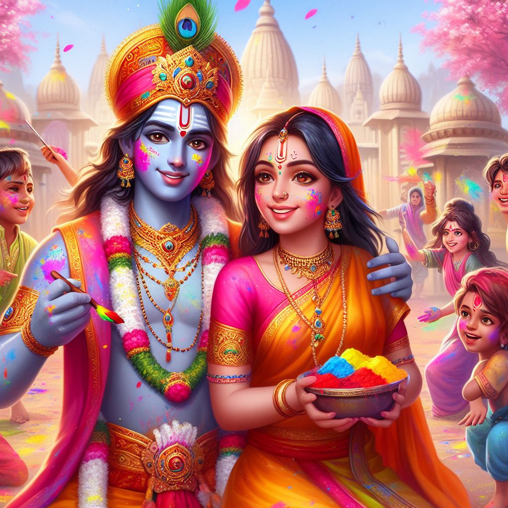 Shri Krishna and radha braj me holi khailte hue ai photo editing prompt . Shri Krishna ai images download free